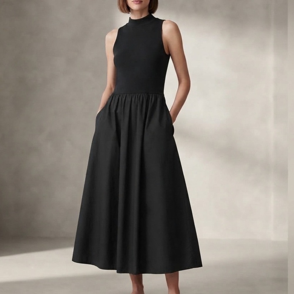 Black Cotton Poplin Mixed Media Mock Neck Maxi Dress Sz M Sleeveless LBD Pockets